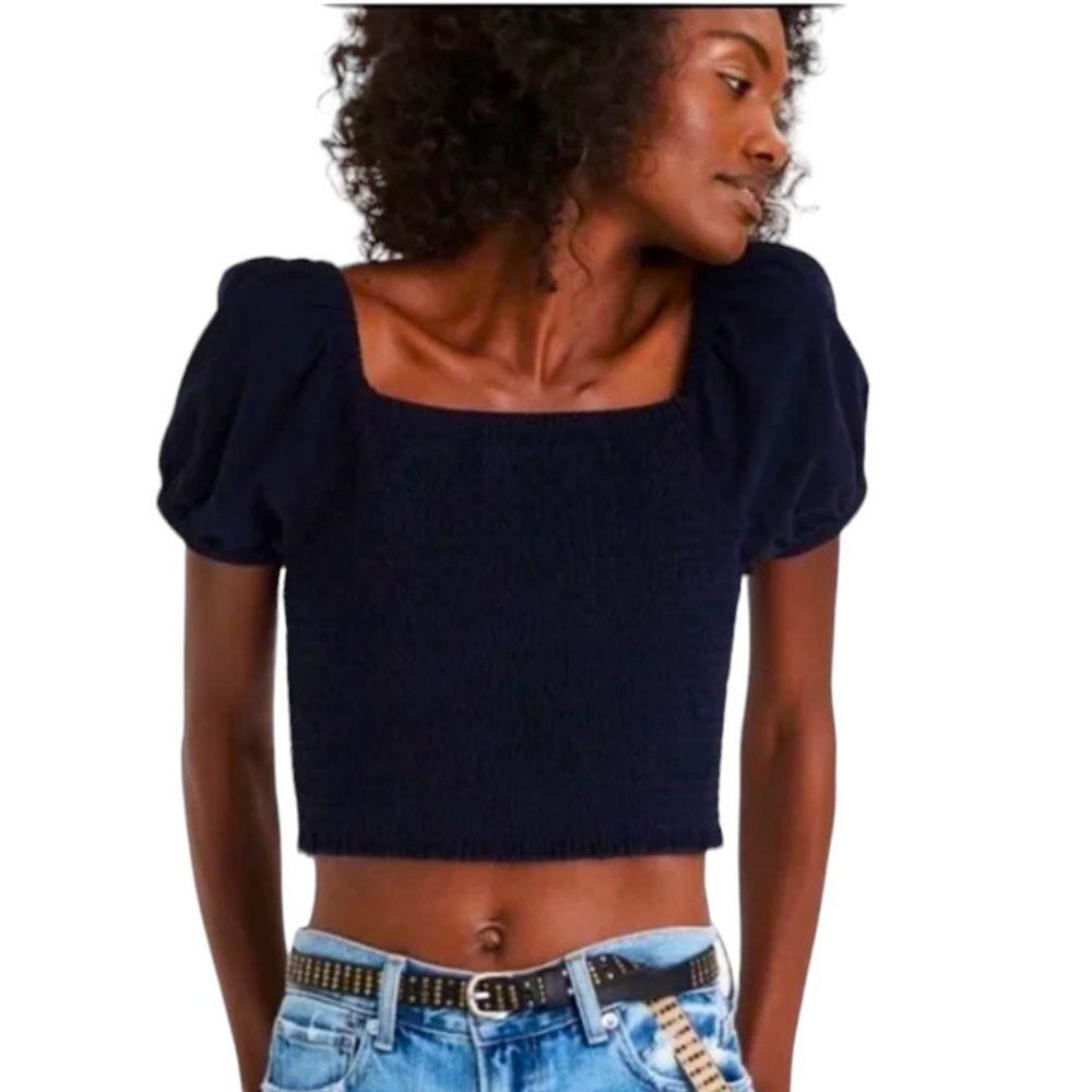 American Eagle Outfitters CorduroySmocked Puff Sleeve Crop Top Navy Sz XL